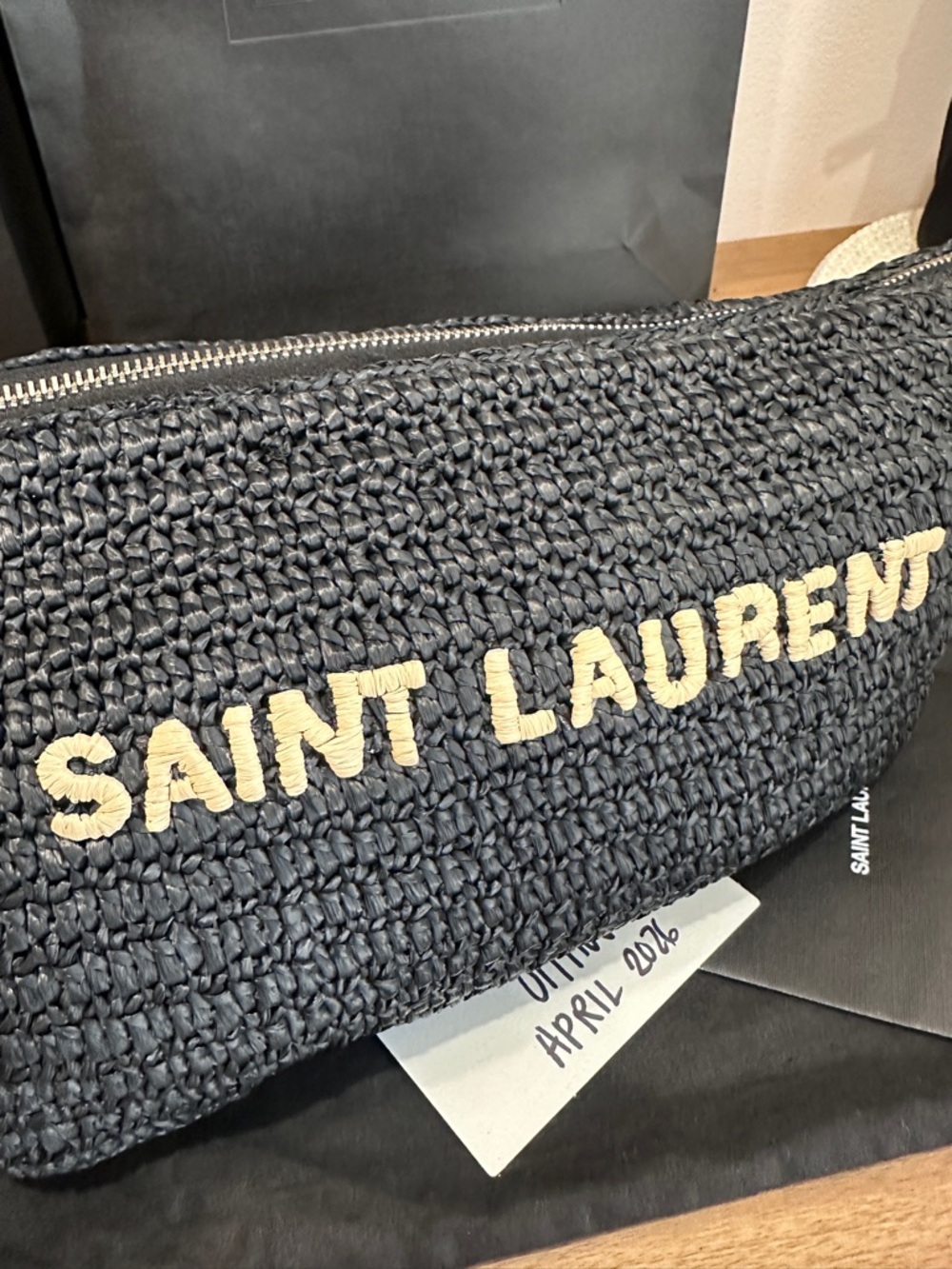Saint Laurent Black Raffia Shoulder Bag with Contrast Cream Logo - Picture 13 of 16